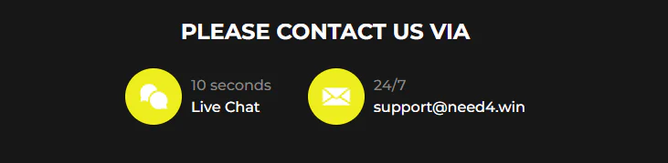 Need4Win Casino customer support contacts with live chat reply time of 10 seconds and 24/7 email support@need4.win