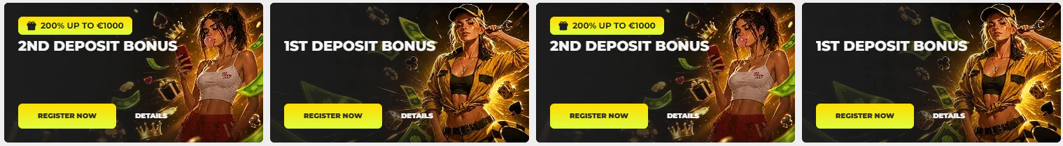 Need4Win Casino promo banners for the 1st and 2nd deposit bonuses, including 200% up to €1000 on the second deposit