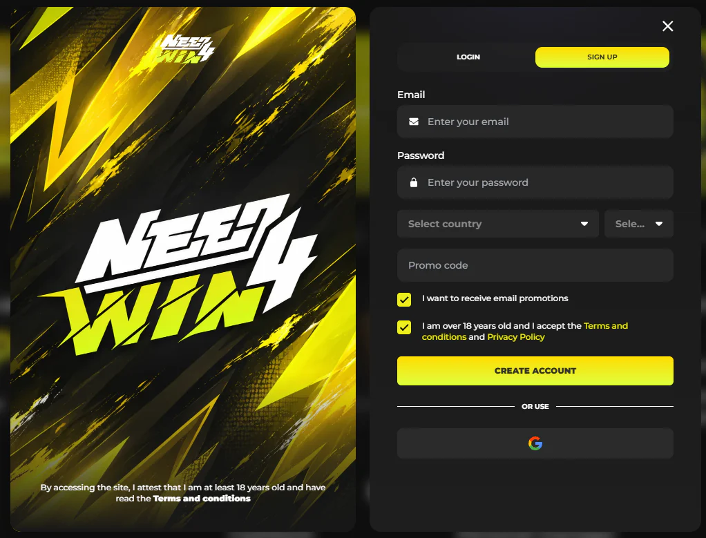 Need4Win Casino sign up form with email, password, country and promo code fields plus Google registration option