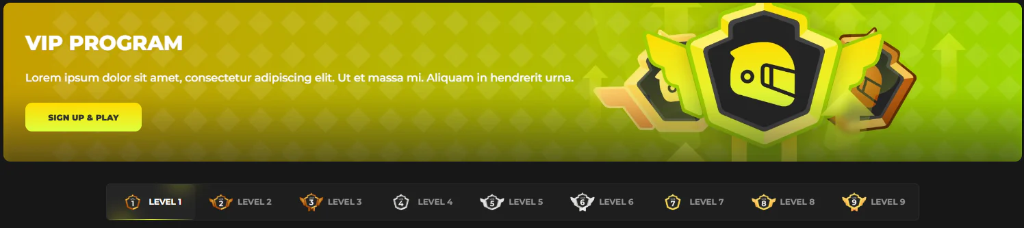 Need4Win Casino VIP Program page with racing helmet badge and nine loyalty levels from Level 1 to Level 9